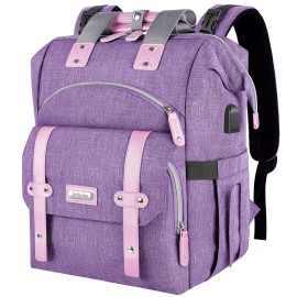Jiefeike Diaper Bag Backpack,Purple baby bag for Mom Dad Girls Boys,15.6inch baby girl diaper bag with Insulated Pockets,USB Charging Port,RFID Anti-Theft Water-Resistant Pocket