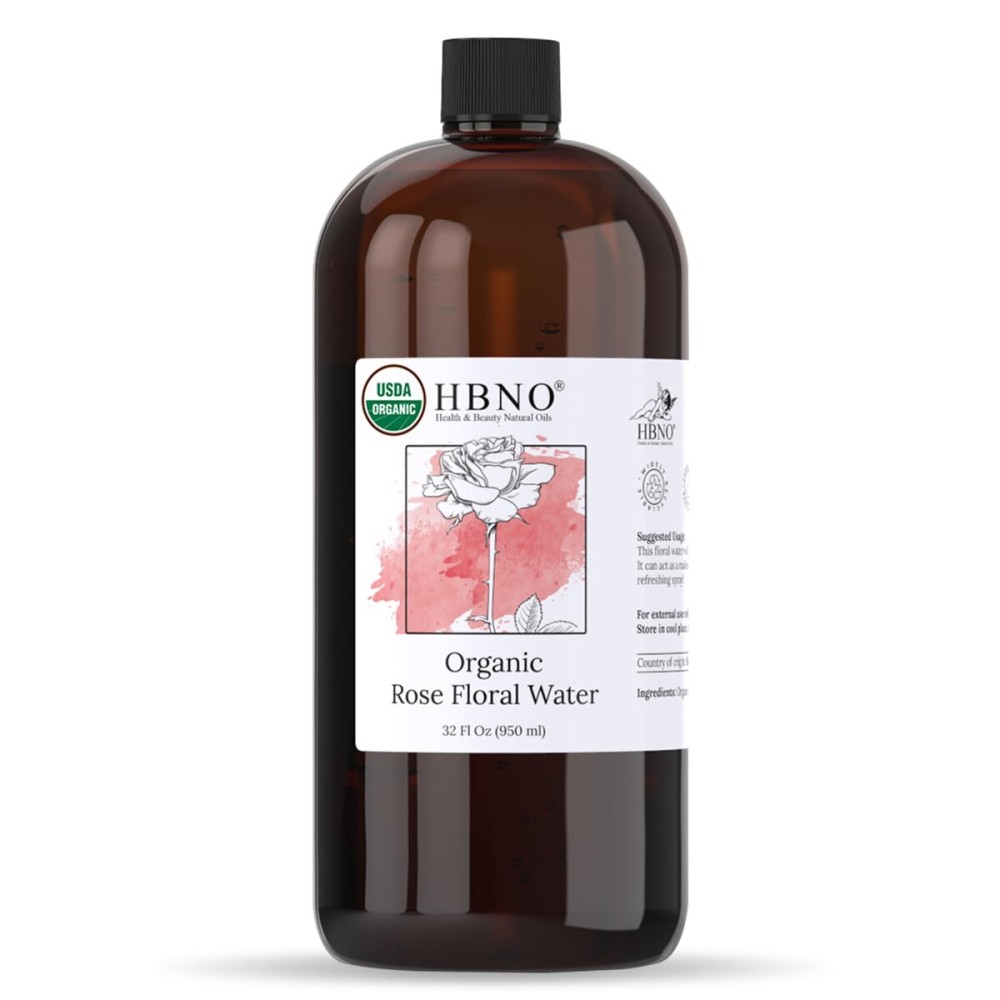 HBNO Organic Rosewater - 32 oz (950ml) Value Size - Ideal for Face Mists, Room Sprays, Fragrances, Candles, Makeup Fixers, Face wash, Lotions, and Skin Care Products.