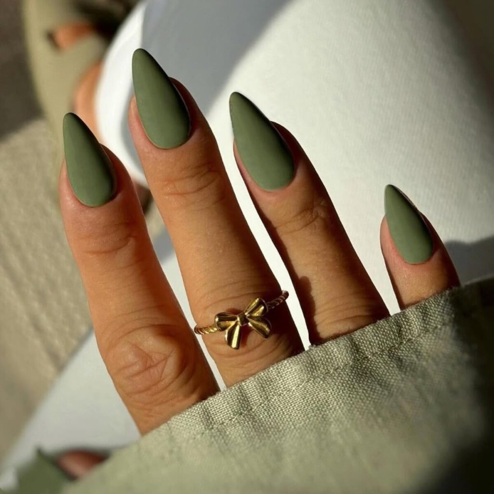 KQueenest Matte Olive Green Press on Nails Medium Almond Stiletto Gel Fake Nails Medium Pure Color Acrylic Nails Press ons Feature Protective UV Coating in 24 Pcs