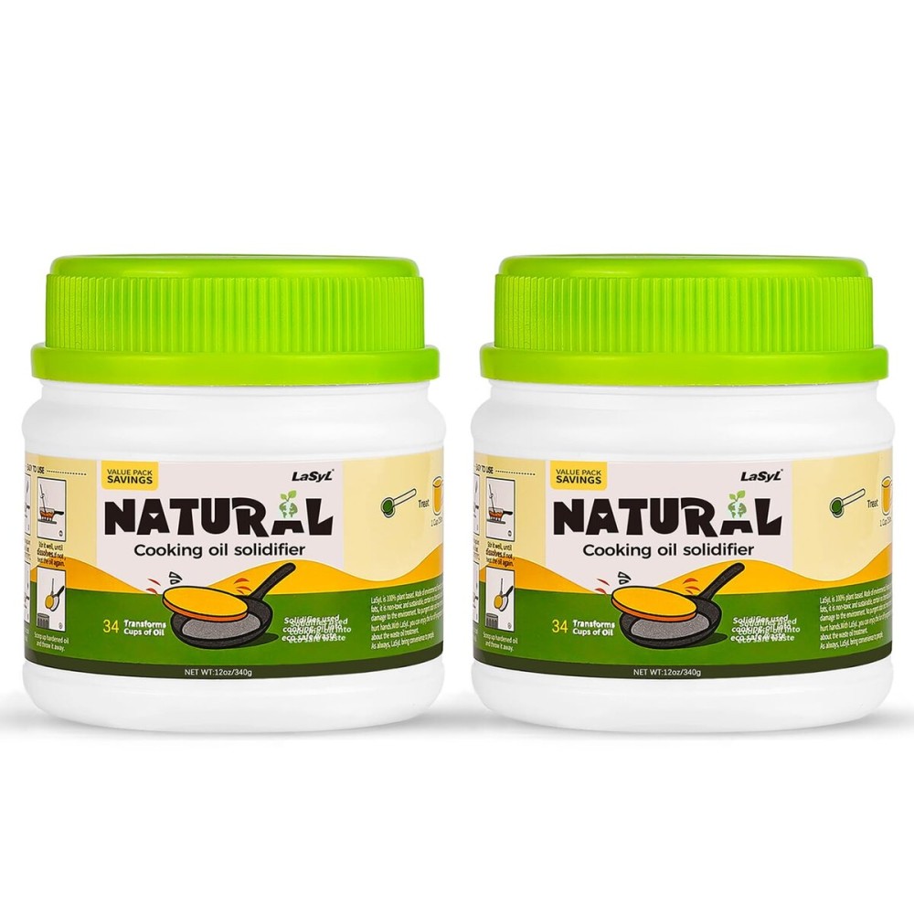 LaSyL Natural Cooking Oil Solidifier Powder, Harden Up to 2.25 Gallon of Fry Oil Away from Mess, 100% Plant-Based Oil Hardener for Disposal, Value Pack 12 Oz 2 Pack