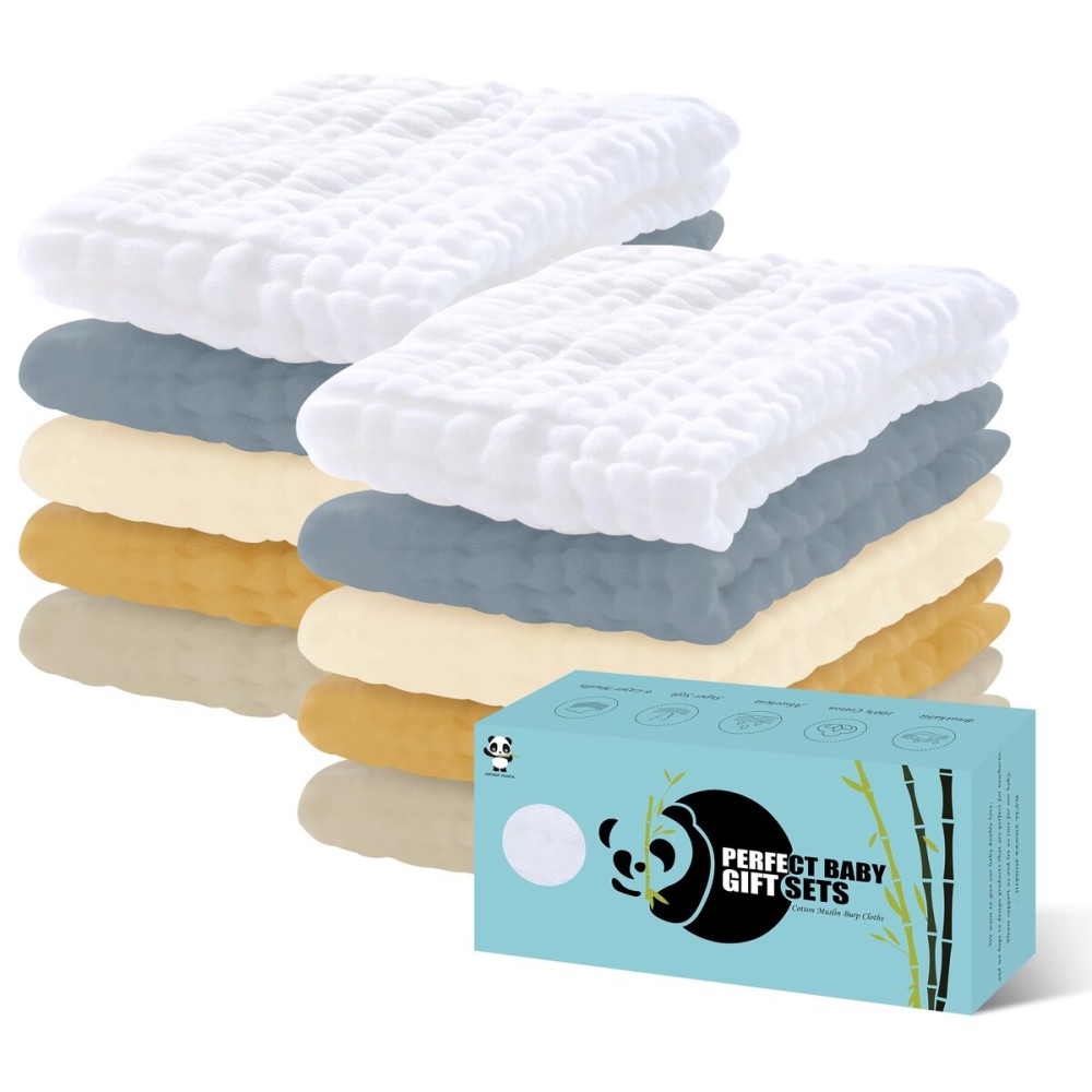 HIPHOP PANDA 10 Pack 6-Layers Muslin Burp Cloths Large - Durable 100% Cotton - Extra Absorbent and Soft Boys & Girls Rags for Newborn Registry (Grey+White+Ivory+Honey+Brown, 20 X10)