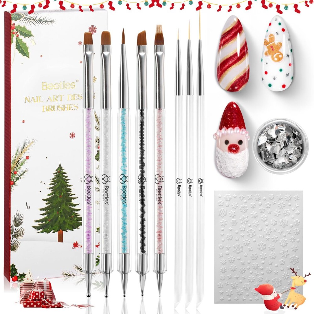 Beetles Christmas Nail Art Brushes 8pcs - Crystal Christmas Nail Art Tools 5pcs Double-ended Nails Dotting Tool, 3pcs Striping Liner Brushes for Nails with Charms and Stickers Manicure Design Tools