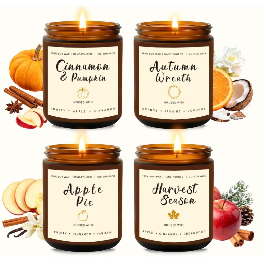 Holiday Candle Gift Set - Cinnamon Pumpkin, Apple Vanilla, Orange Jasmine Coconut, Cedarwood Spice - Long Lasting Soy Candles for Home, Thanksgiving & Christmas Gifts for Women
