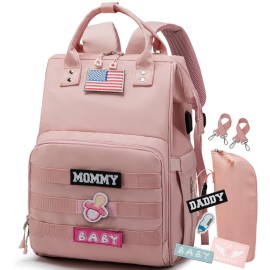 QWREOIA Diaper Bag Backpack for Dad and Mom with USB Charging Port Stroller Straps and Insulated Pocket,army military Travel Nappy Backpack for Daddy/Mommy (Pink)