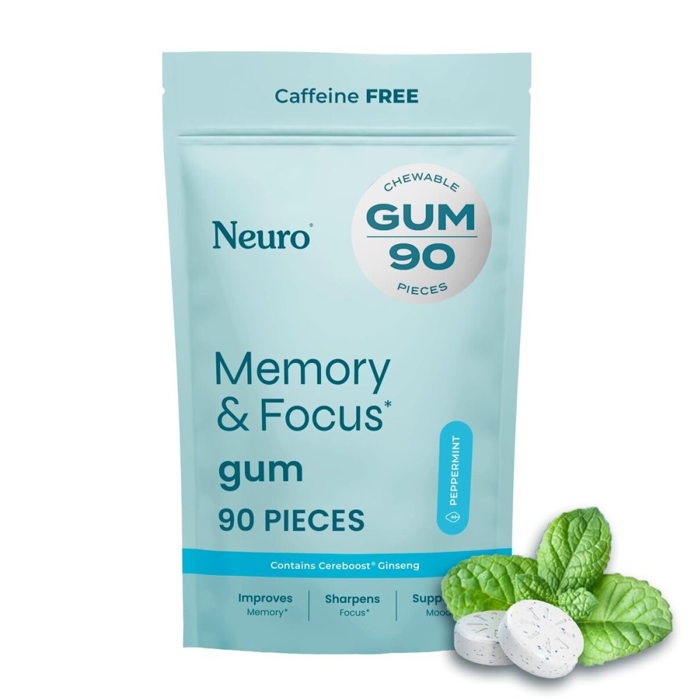 Neuro Memory & Focus Gum - Nootropic Gum with Vitamin B12, Vitamin B6, L-Theanine & Ginseng Extract - Natural Brain Support Supplement - Vegan, Caffeine & Sugar Free Chews - Peppermint, 90 ct