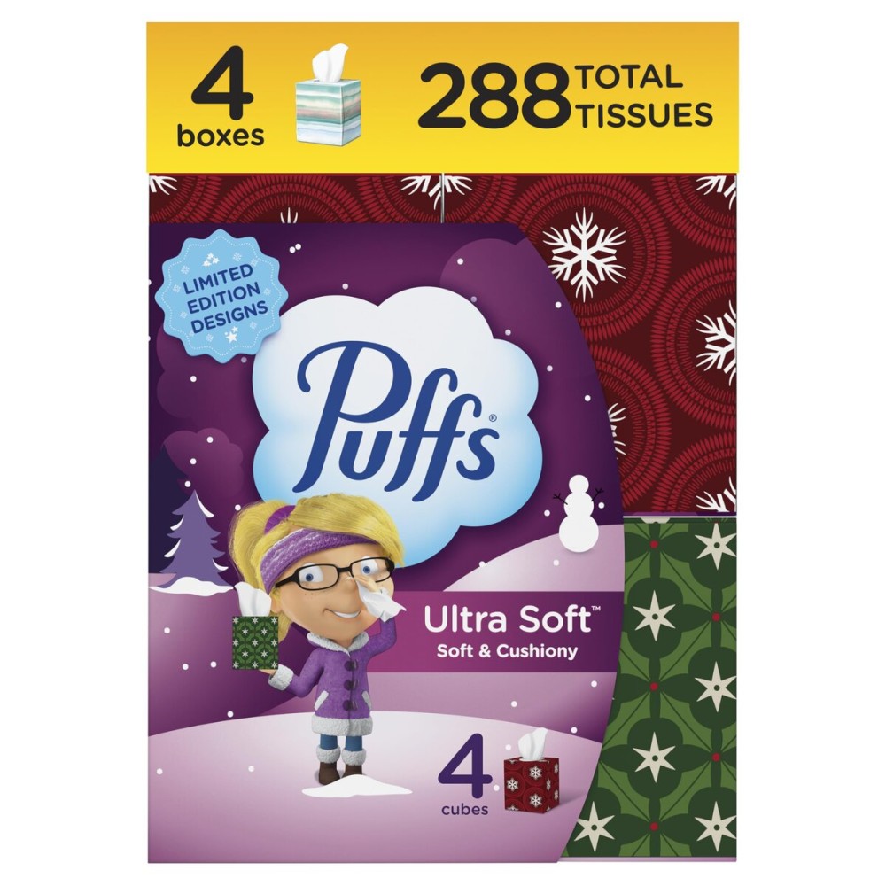 Puffs Ultra Soft Facial Tissues, 4 Mega Cube Box, 72 Facial Tissues Per Box (Packaging May Vary)