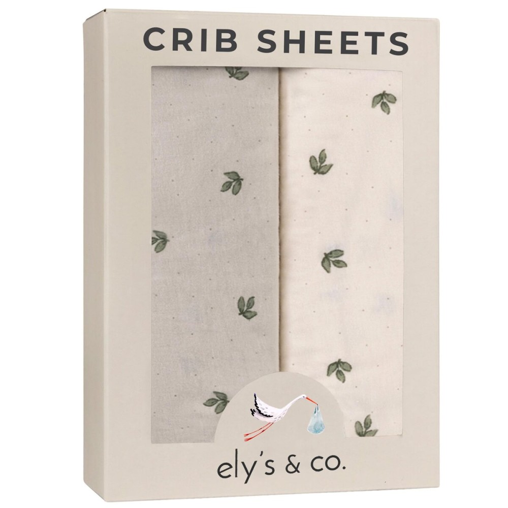 Elys & Co. Crib Sheets Baby Girl/Boy Fitted Crib Mattress Sheet Set, 2 Pack, 100% Jersey Knit Cotton, Infant and Toddler Nursery Bedding, Neutral Taupe and Cream with Sage Vintage Print, 28 x 52