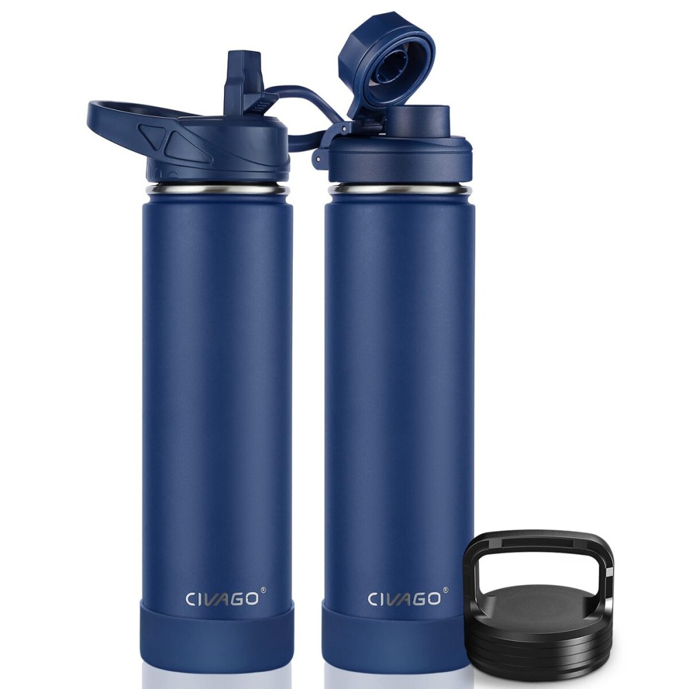 CIVAGO 24 oz Insulated Water Bottle With Straw, Stainless Steel Sports Water Flask Cup with 3 Lids (Straw, Spout and Handle Lid), Double Walled Travel Thermal Canteen Mug, Navy