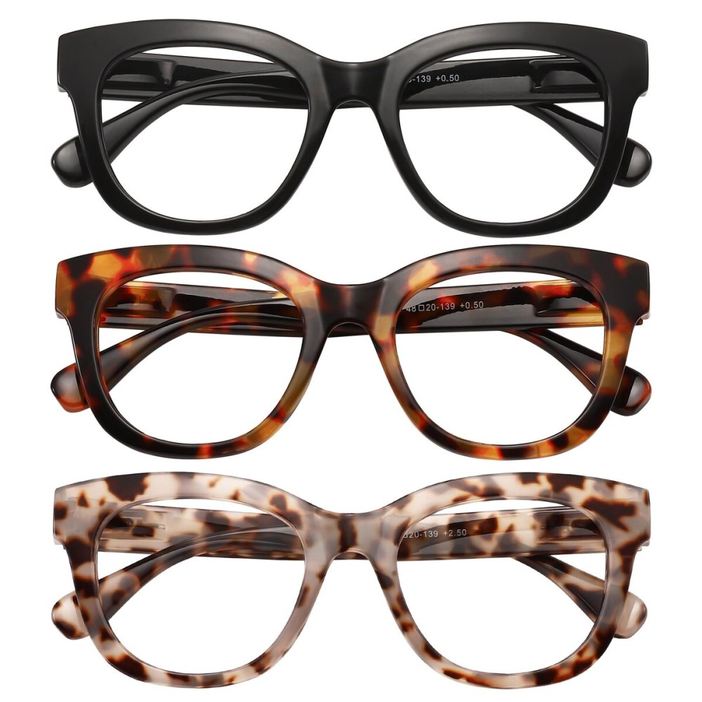 KSSESSE Reading Glasses for Women Men Square Oval Readers with Spring Hinge Thick Frame Style (Black/Demi White/Demi Brown-Clear Lens, 2.00, x)