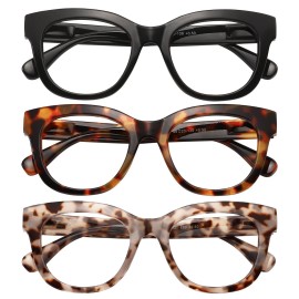 KSSESSE Reading Glasses for Women Men Square Oval Readers with Spring Hinge Thick Frame Style (Black/Demi White/Demi Brown-Clear Lens, 2.00, x)