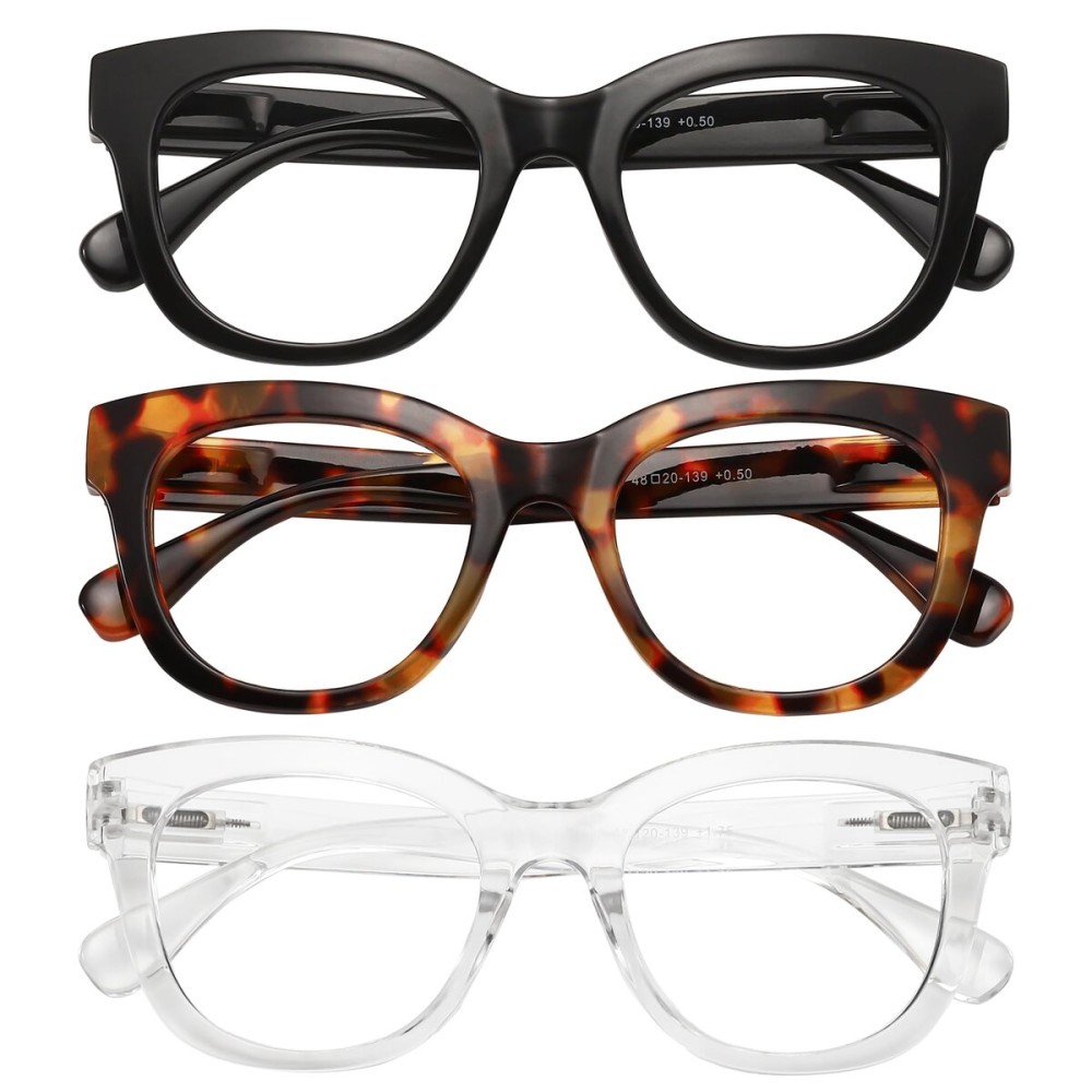 KSSESSE Reading Glasses for Women Men Square Oval Readers with Spring Hinge Thick Frame Style (Black/Transparent/Demi Brown-Clear Lens, 2.00, x)