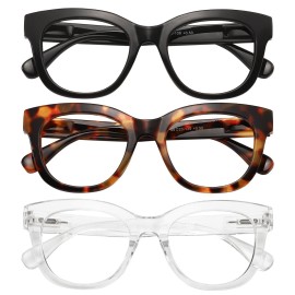 KSSESSE Reading Glasses for Women Men Square Oval Readers with Spring Hinge Thick Frame Style (Black/Transparent/Demi Brown-Clear Lens, 2.00, x)