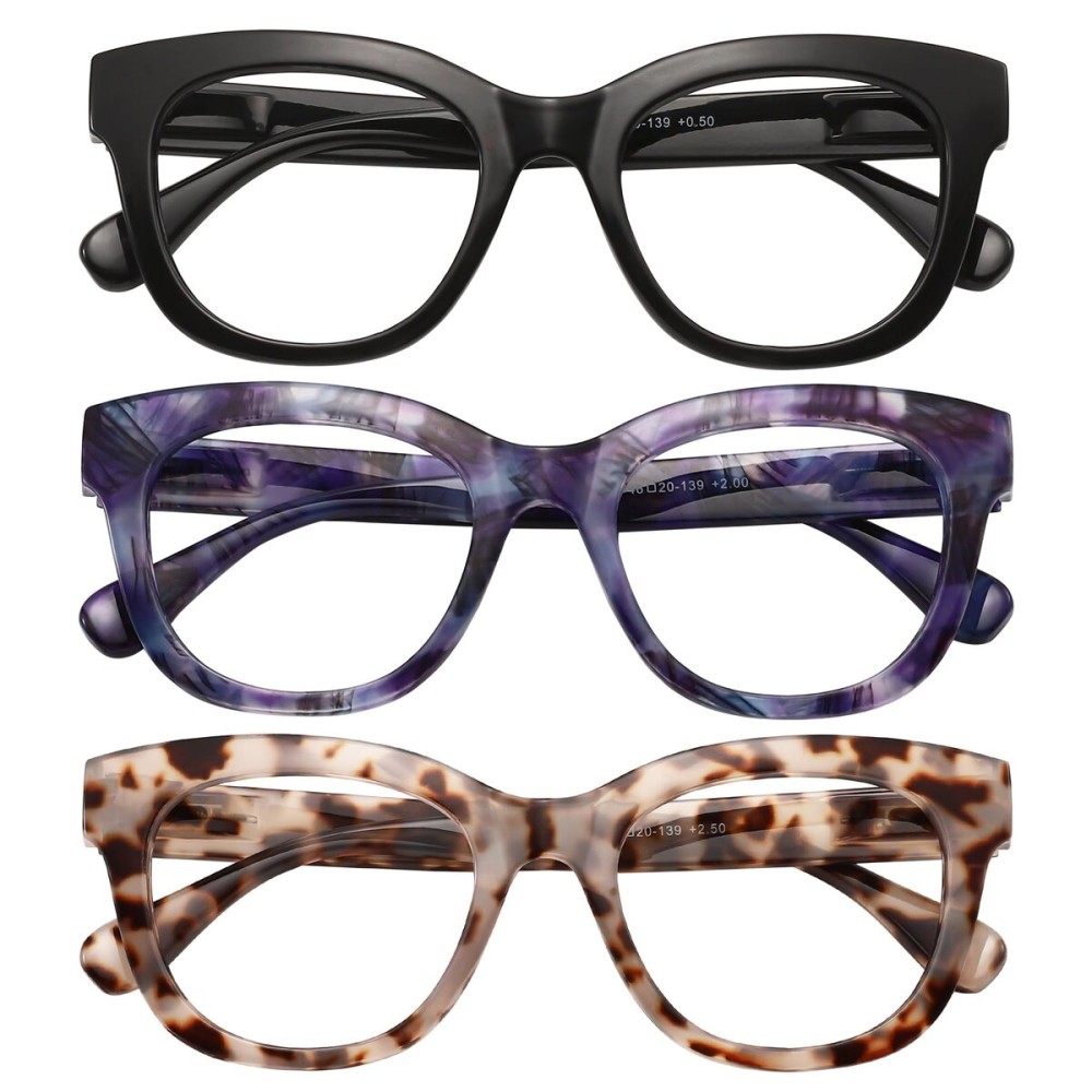 KSSESSE Reading Glasses for Women Men Square Oval Readers with Spring Hinge Thick Frame Style (Black/Demi White/Demi Blue-Clear Lens, 1.00, x)