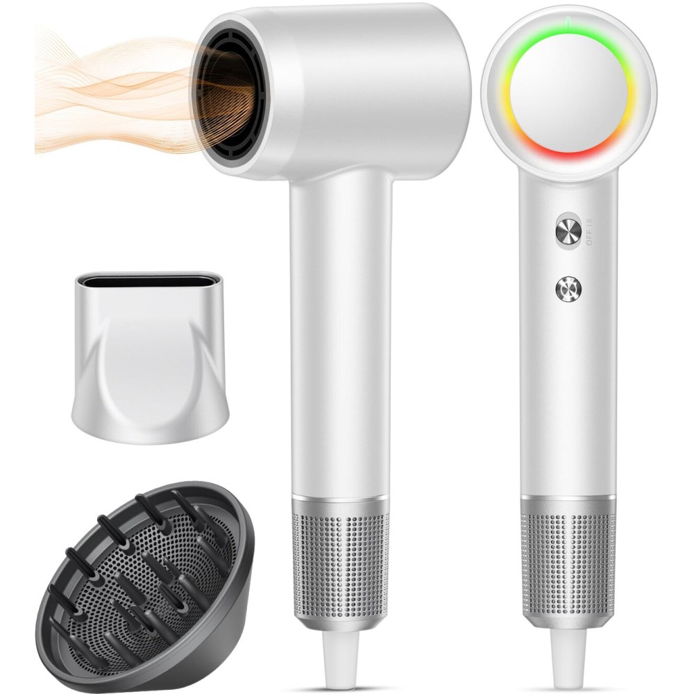 Hair Dryer, 160000 RPM Professional High-Speed Blow Dryer 500 Millions Negative Ionic Care Hair Dryer for Fast Drying, Low Noise Thermo-Control Hairdryer, Travel with Magnetic Diffuser & Nozzle, White