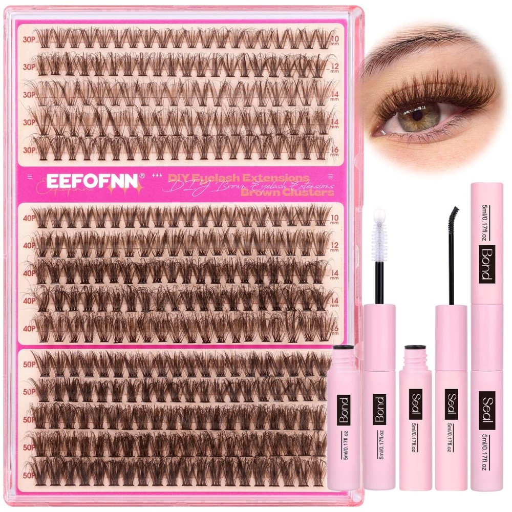 Eefofnn Brown Eyelash Clusters Kit 300 Pcs Natural Lash Clusters Kit 30P+40P+50P Brown Cluster Eyelash Extensions Kit Wispy Individual Lashes Bond and Seal Glue Fuzzy Lashes Extension Kit DIY at Home