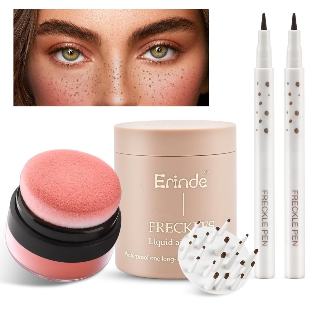 Erinde Natural Freckle Foundation Makeup Kit - Liquid Freckle Pen & Fake Freckles Stamp Air Cushion & Powder Cushion Blush, Long Lasting Waterproof Freckles Tattoo Marker for Natural Sunkissed Makeup