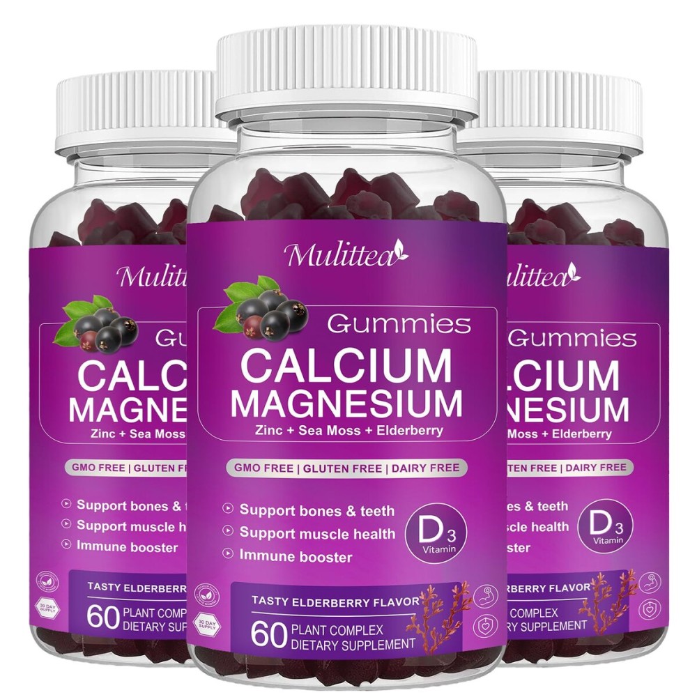 Calcium Magnesium Zinc Gummies with High Absorption Magnesium Glycinate 200mg, Potassium -Plant Calcium Supplement w/ D3 & Sea Moss for Bone, Muscles, Calm Mood & Sleep Support- Kids & adults (3 Pack)