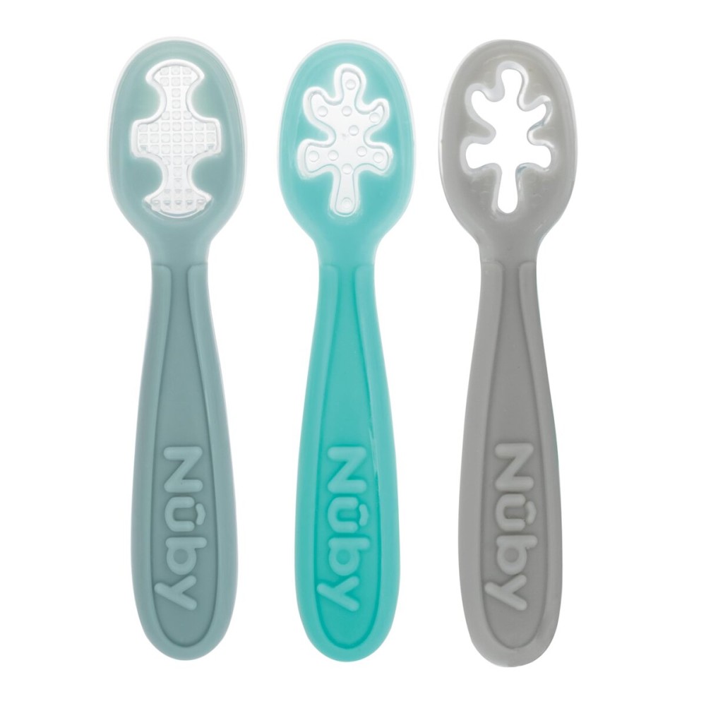 Nuby 3-Stage Baby\'s First Spoons Set - 3 Pack - 6+ Months - Baby Spoons with Easy Grip Handle - Serene