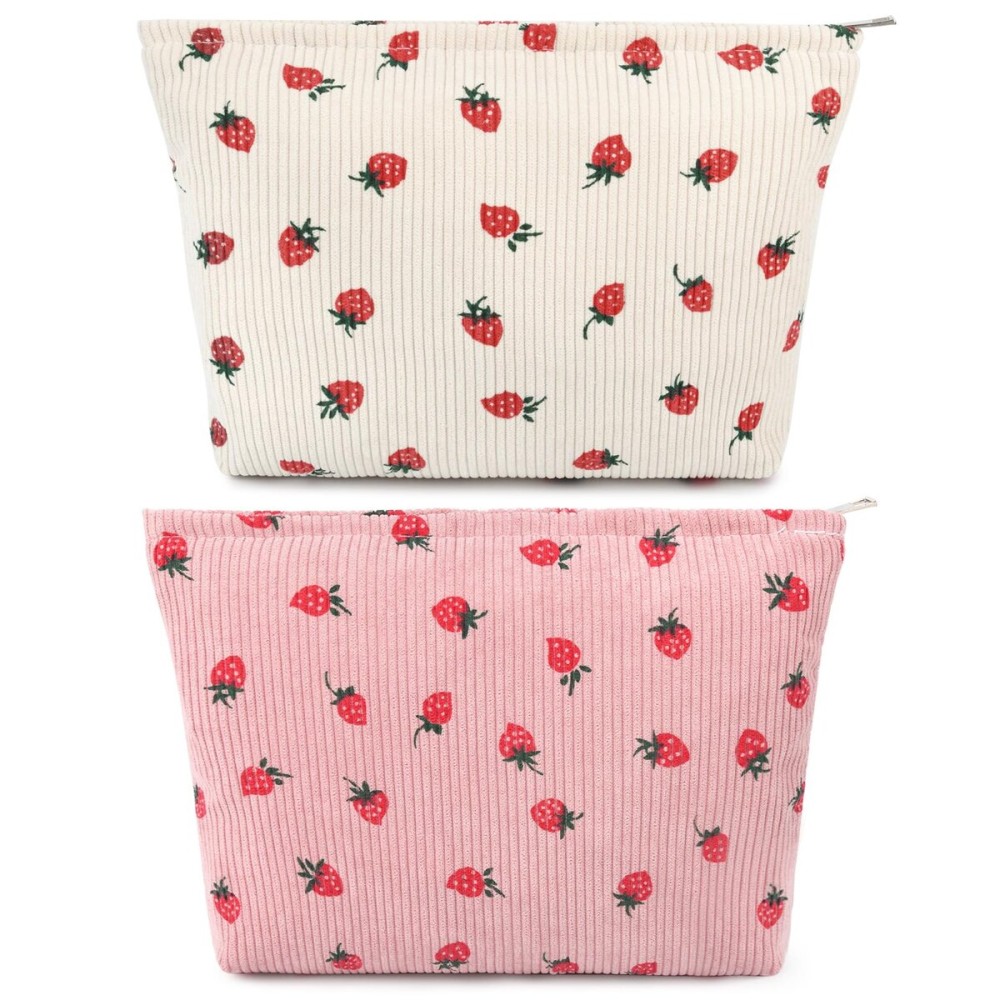 SOIDRAM 2 Pcs Cute Makeup Bag Large Cosmetic Bag Toiletry Bag Makeup Pouch Travel Bag Organizer Cute Makeup Brushes Aesthetic Accessories Storage Bag for Women Strawberry Pink Beige