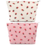 SOIDRAM 2 Pcs Cute Makeup Bag Large Cosmetic Bag Toiletry Bag Makeup Pouch Travel Bag Organizer Cute Makeup Brushes Aesthetic Accessories Storage Bag for Women Strawberry Pink Beige