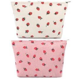 SOIDRAM 2 Pcs Cute Makeup Bag Large Cosmetic Bag Toiletry Bag Makeup Pouch Travel Bag Organizer Cute Makeup Brushes Aesthetic Accessories Storage Bag for Women Strawberry Pink Beige