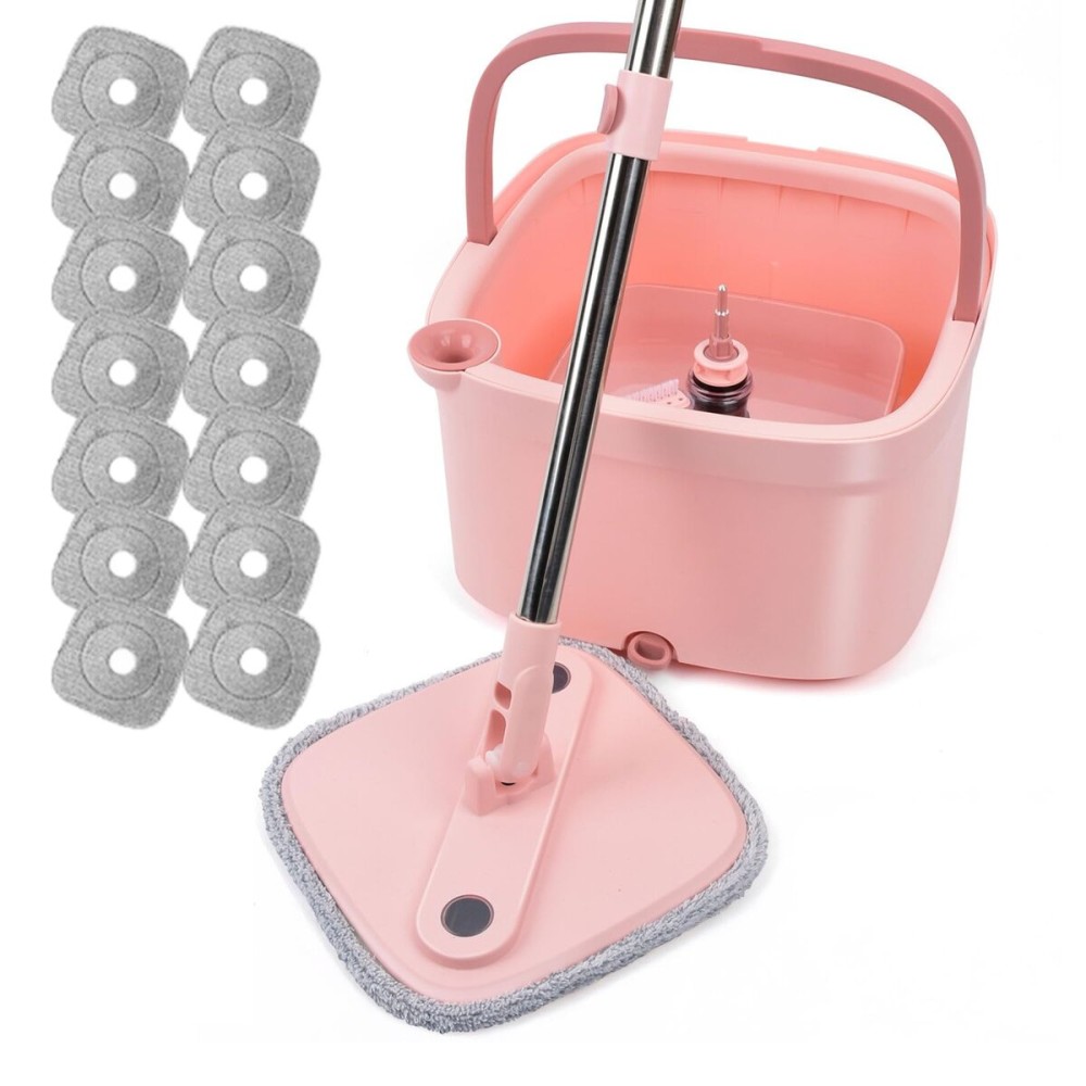 KZKR Square Spin Mop and Bucket Set with Self Separation Dirty and Clean Water System, Self Wringing 360 Rotating Mops Head with 14 Replaceable Microfiber Pads for Home Floors Cleaning