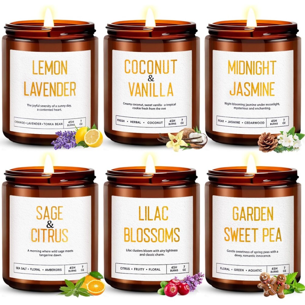 Candles for Home Scented - 6 Pack 42oz Soy Candles with Lavender, Coconut, Jasmine, Sage, Lilac Blossoms, Sweet Pea, 300 Hour Long Lasting Aromatherapy Candles Gift Set for Women, Christmas, Holiday