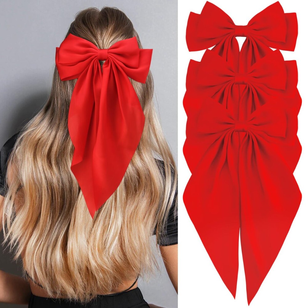 Velscrun Red Hair Bows for Women Girls, Silky Satin Large Coquette Bow Oversized Hair Ribbons Big Bows Clip, Long Tail Bowknot Hair Barrettes Halloween Christmas Hair Bow Accessories