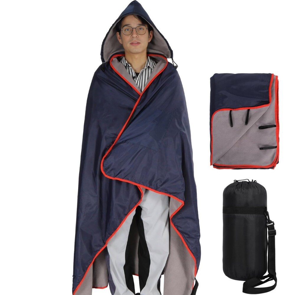 REDCAMP Large Waterproof Stadium Blanket with Hood for Cold Weather, Soft Warm Fleece Camping Blanket Windproof for Outdoor Sports, Dark Blue/Grey