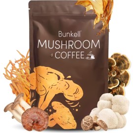 Bunkell Mushroom Coffee, Adaptogenic 6 Mushrooms with Lion\'s Mane, Reishi, Cordyceps, Shiitake, King Trumpet & Turkey Tail, Instant Coffee Powder for Energy, Digestion & Immune Support, 30 Servings