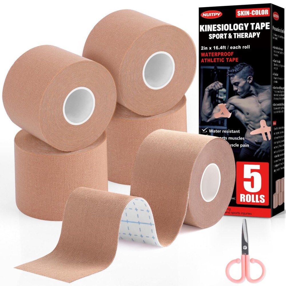 5 Rolls Kinesiology Tape, 2 inch x 16.4 Feet Waterproof Athletic Tape, Uncut Kinetic Tape, Muscle Tape, Sports Tape, Knee Tape for Exercise and Daily Use - Skin Color