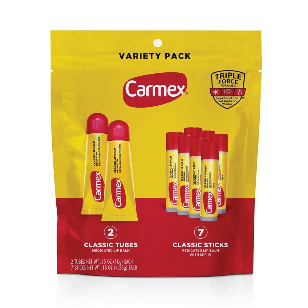 Carmex Classic Medicated Lip Balm Pack, Lip Moisturizer for Chapped Lips, 9-Count Variety Pack Bag (2 Tubes, 7 Sticks)