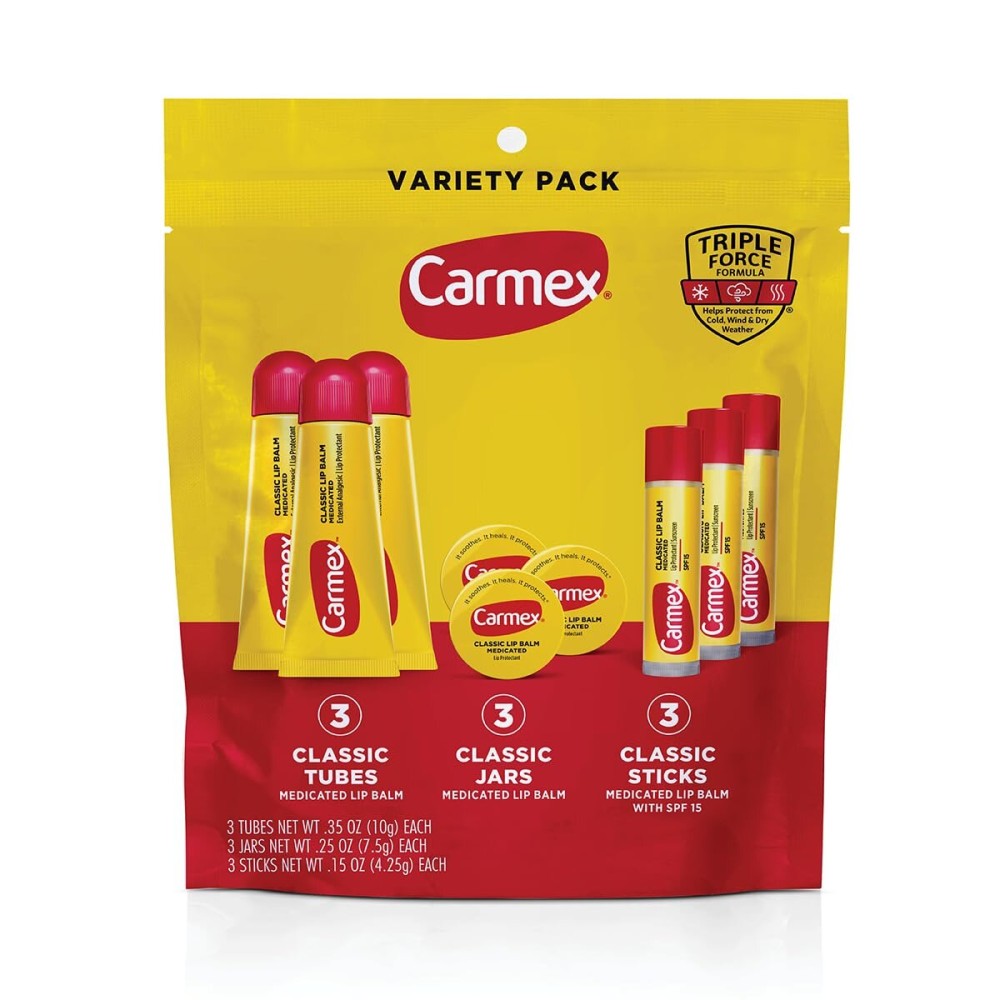 Carmex Classic Medicated Lip Balm Pack, Lip Moisturizer for Chapped Lips, 9-Count Variety Pack Bag (3 Tubes, 3 Sticks, 3 Jars)