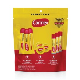 Carmex Classic Medicated Lip Balm Pack, Lip Moisturizer for Chapped Lips, 9-Count Variety Pack Bag (3 Tubes, 3 Sticks, 3 Jars)