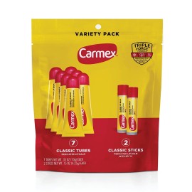 Carmex Classic Medicated Lip Balm Pack, Lip Moisturizer for Chapped Lips, 9-Count Variety Pack Bag (7 Tubes, 2 Sticks)