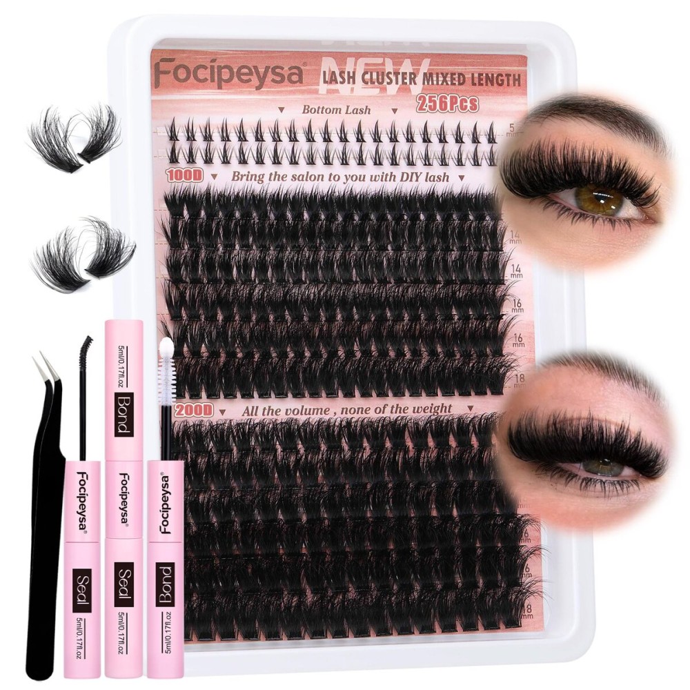 Focipeysa Lash Extension Kit Full Volume Eyelash Extension kit with Lash Bond and Seal Thick Lash Clusters DIY Lash Extensions Kit Wispy Individual Lashes 12-18mm DIY D-Curly Lash Extension