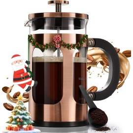 BAYKA French Press Coffee Tea Maker Small, Heat Resistant Thickened Borosilicate Glass Stainless Steel Single Serve Brewer, Cold Brew Cafetera Teapot, 21 Ounce 0.6 Liter,Copper