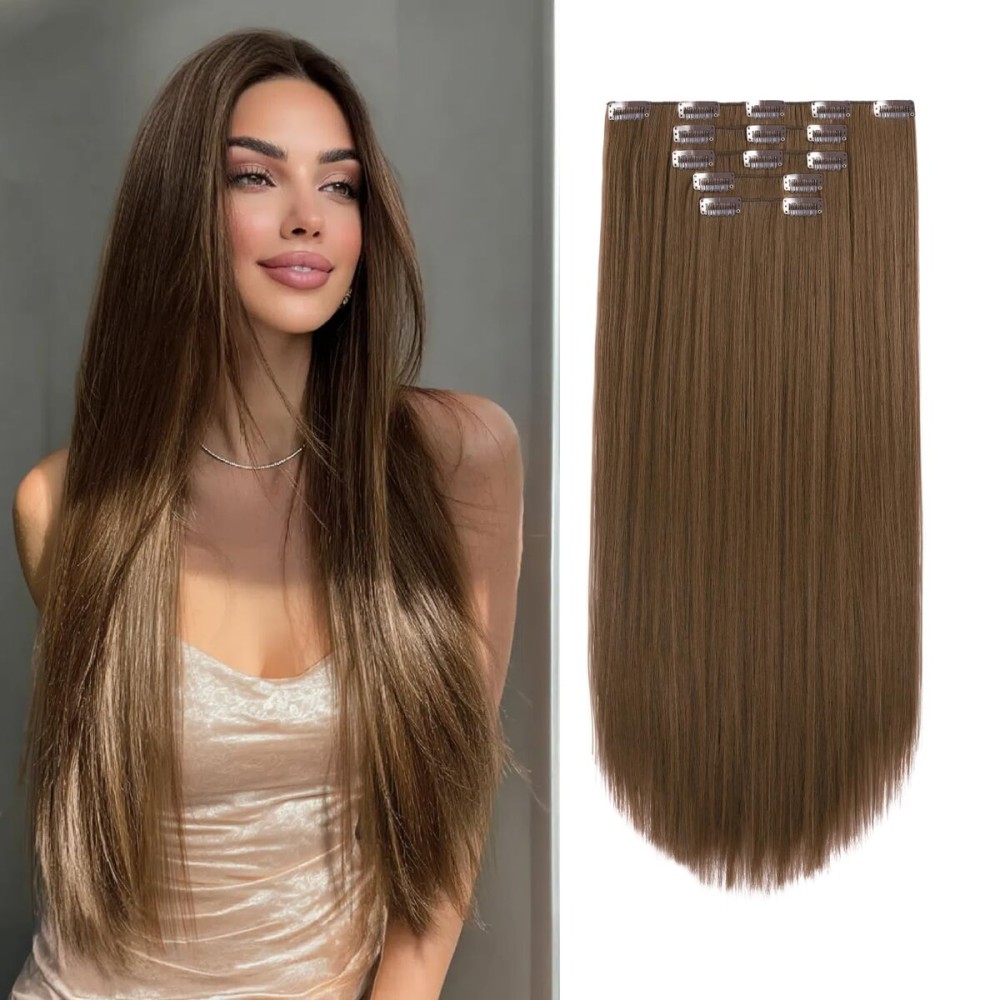 StrRid Clip in Hair Extensions Straight 26 Inch Long Invisible Synthetic Extension 5PCS Thick Fake Heat Resistant Clips on Hairpieces for Women Weddings Party Daily Use Golden Copper 8.1 Oz