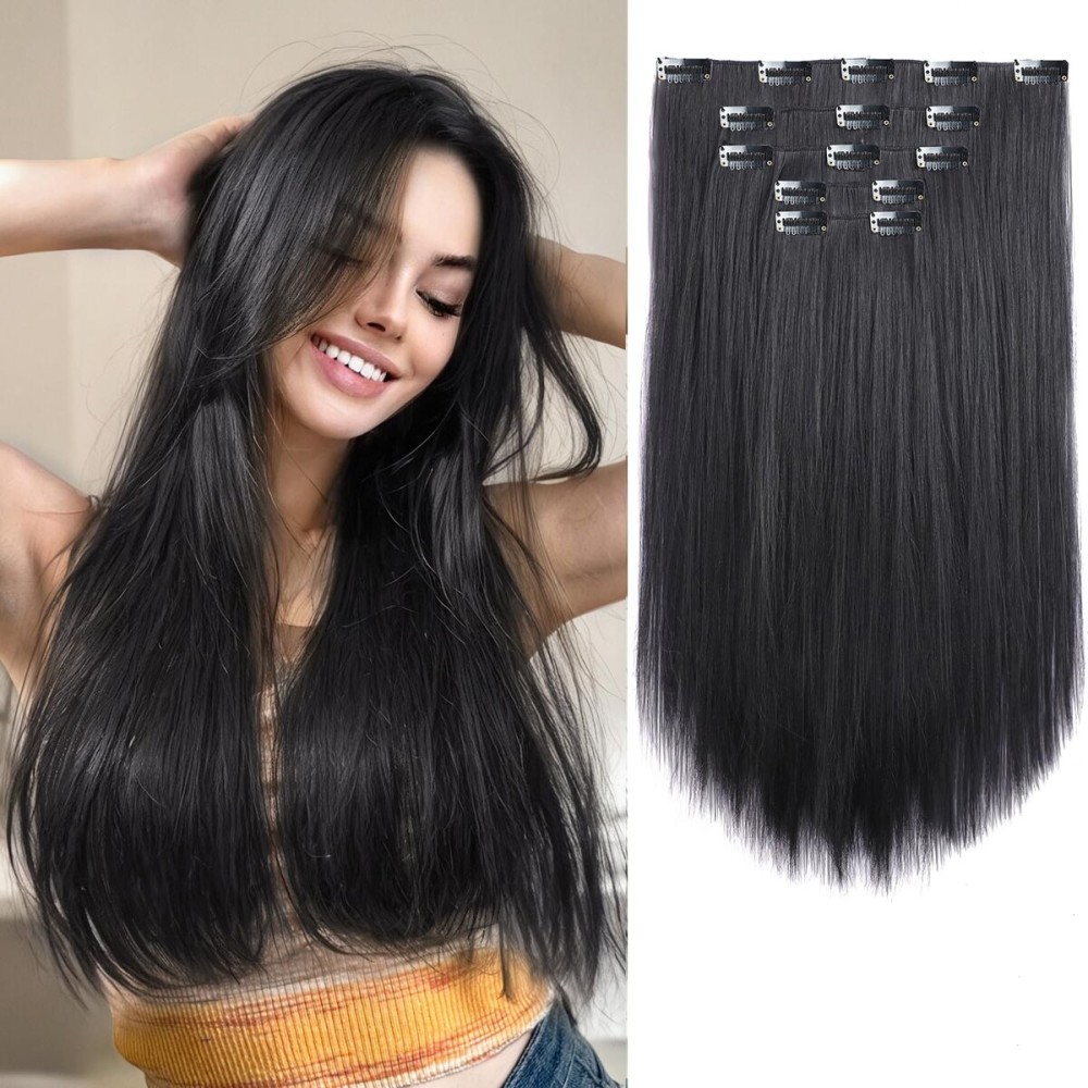 StrRid Natural Black Straight Hair Extension Clips 18 Inch Long Invisible Thick Synthetic Clip in Extensions 5PCS Soft and Easy Installation Hairpieces for Women Girls Weddings Party Daily Use 6.5 Oz