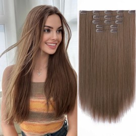 StrRid Clip in Hair Extensions Straight 18 Inch Long Invisible Synthetic 5PCS Thick Clips on Hairpieces Heat Resistant Fake Extension for Women Weddings Party Daily Use Golden Copper 6.5 Oz