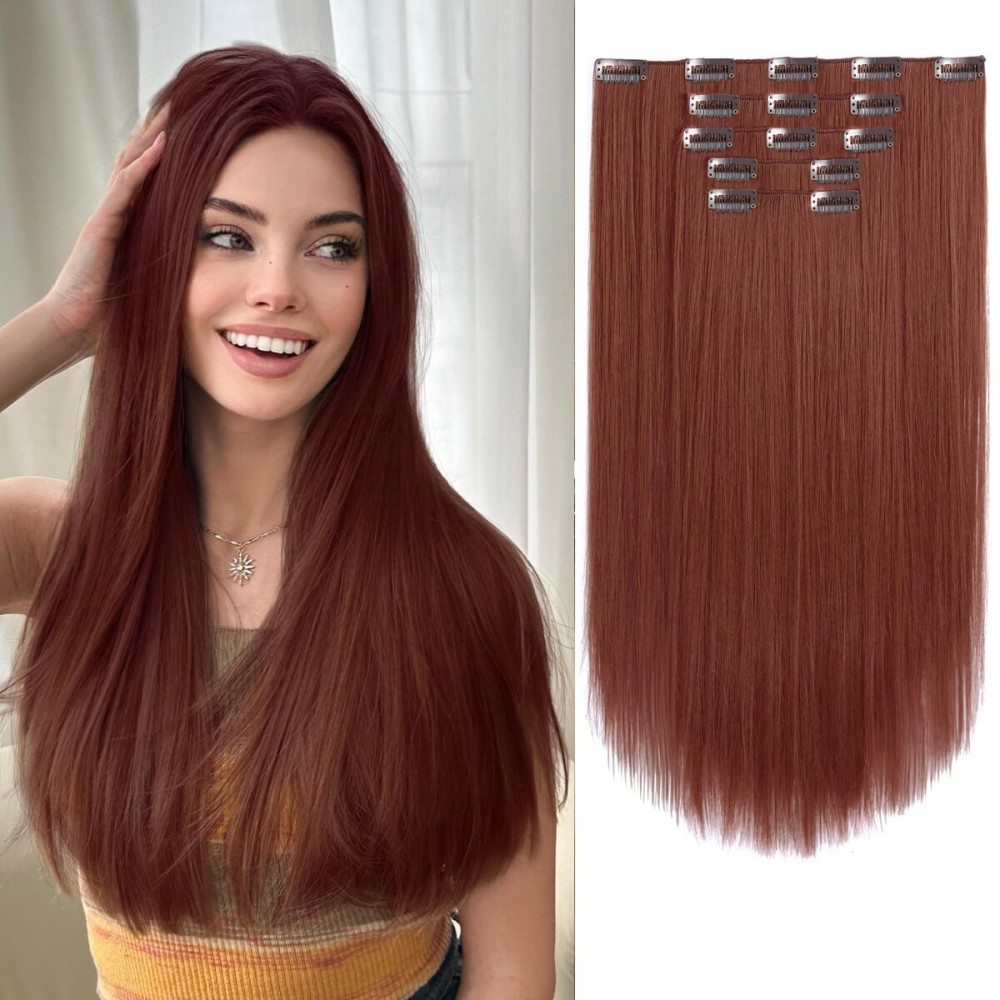 StrRid Hair Extension Clips Straight Invisible 18 Inch Long Thick Synthetic Clip in Extensions 5PCS Soft and Beautiful Copper Red Hairpieces Heat Resistant for Women Weddings Party Daily Use 6.5 Oz