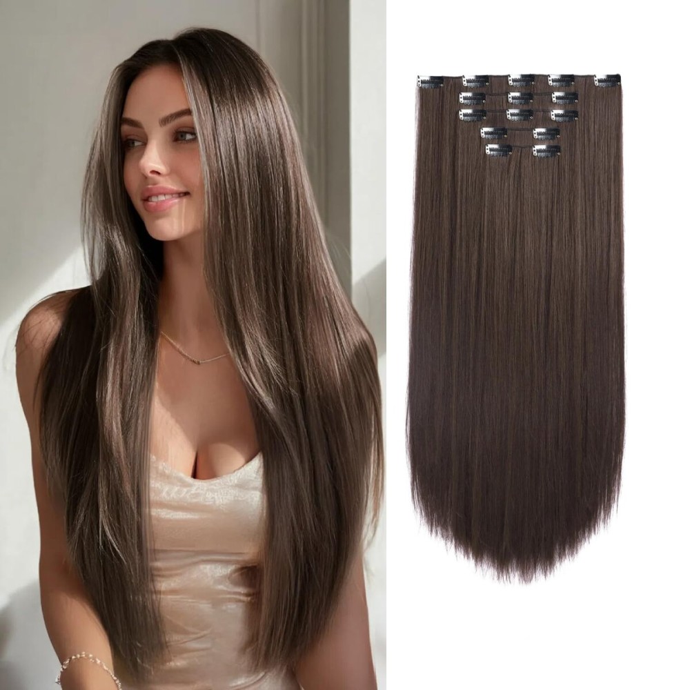 StrRid Dark Brown Clip in Hair Extensions 26 Inch Invisible Long Synthetic Extension 5PCS Straight Fake Heat Resistant Clips on Hairpieces for Women Girls Weddings Party Daily Use Full Head 8.1 Oz