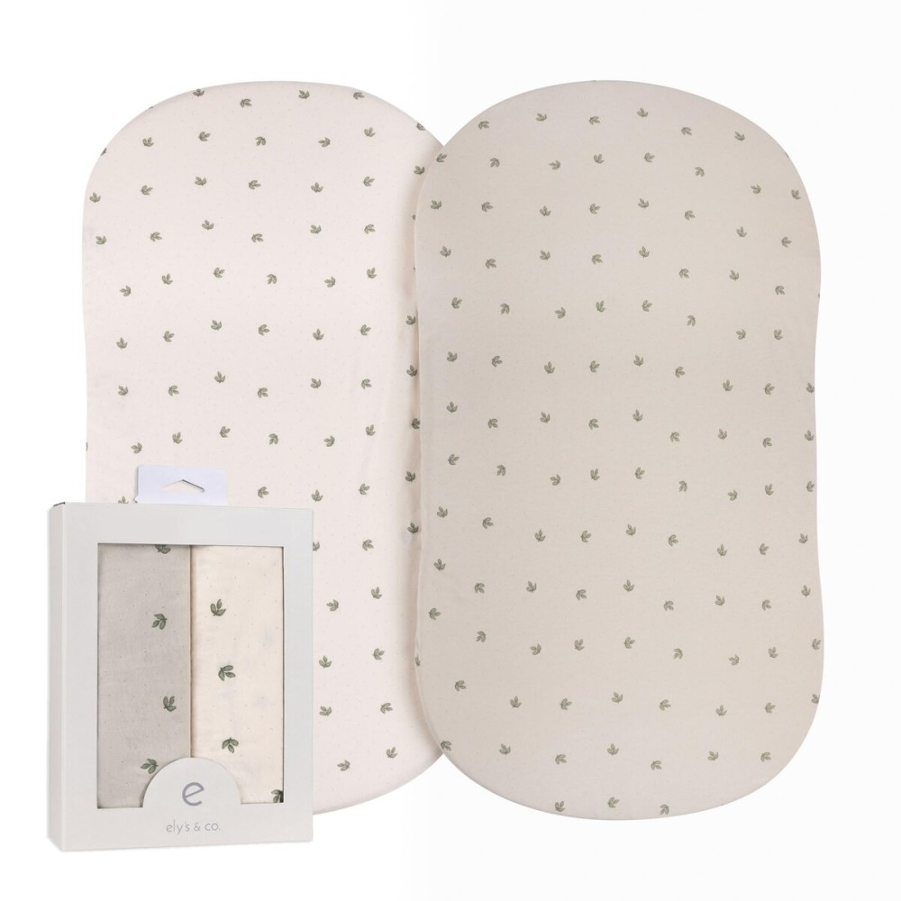 Elys & Co. Bassinet Sheets, Baby Boy/Girl Fitted Bassinet Mattress Sheet Set - 2 Pack, 100% Jersey Knit Cotton, fits Oval, Hourglass and Rectangle Mattress, Sage Vintage Leaf Collection, 32x16x3