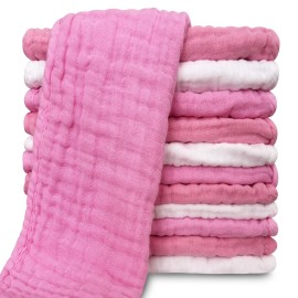 Muslin Burp Cloths for Baby 100% Cotton Burping Cloths for Unisex, Boy, Girl - Large 20\'\' by 10\'\' Newborn Essentials Ultra Soft Absorbent Milk Spit Up Rags - 12 Pack - White+Deep Sakura Series