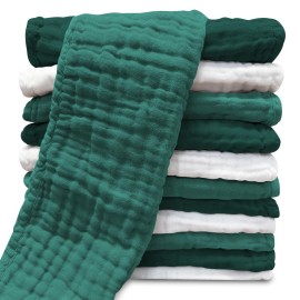 Muslin Burp Cloths for Baby 100% Cotton Burping Cloths for Unisex, Boy, Girl - Large 20\'\' by 10\'\' Newborn Essentials Ultra Soft Absorbent Milk Spit Up Rags - 12 Pack - White+Deep Emerald Series