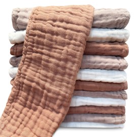 Muslin Burp Cloths for Baby 100% Cotton Burping Cloths for Unisex, Boy, Girl - Large 20\'\' by 10\'\' Newborn Essentials Ultra Soft Absorbent Milk Spit Up Rags - 12 Pack - White+Light Bean Paste Series