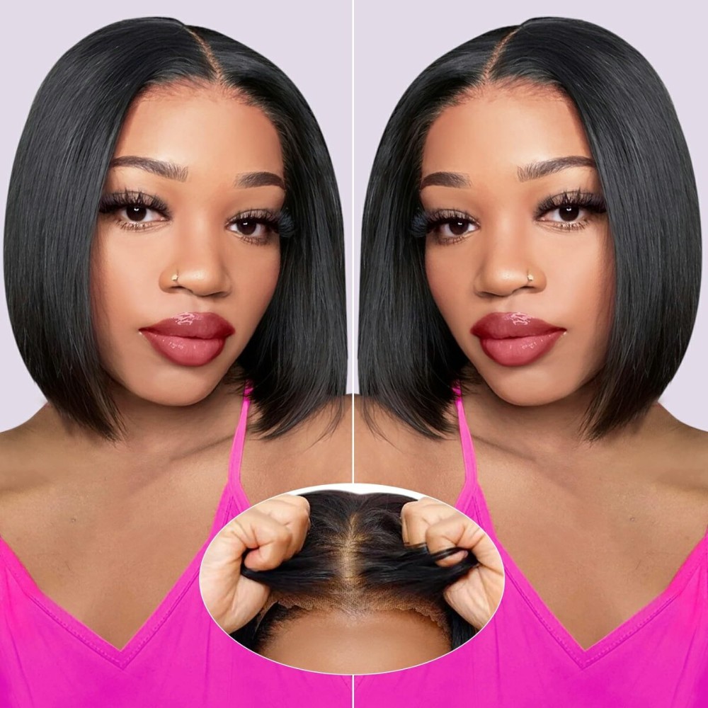 Eyefanniy Glueless Wigs Human Hair Pre Plucked Pre Cut Short Bob Lace Front Wigs for Black Women 4x4 Lace Closure Wig with Elastic Band for Beginners 10 Inch