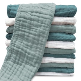 Muslin Burp Cloths for Baby 100% Cotton Burping Cloths for Unisex, Boy, Girl - Large 20\'\' by 10\'\' Newborn Essentials Ultra Soft Absorbent Milk Spit Up Rags - 12 Pack - White+Light Emerald Series