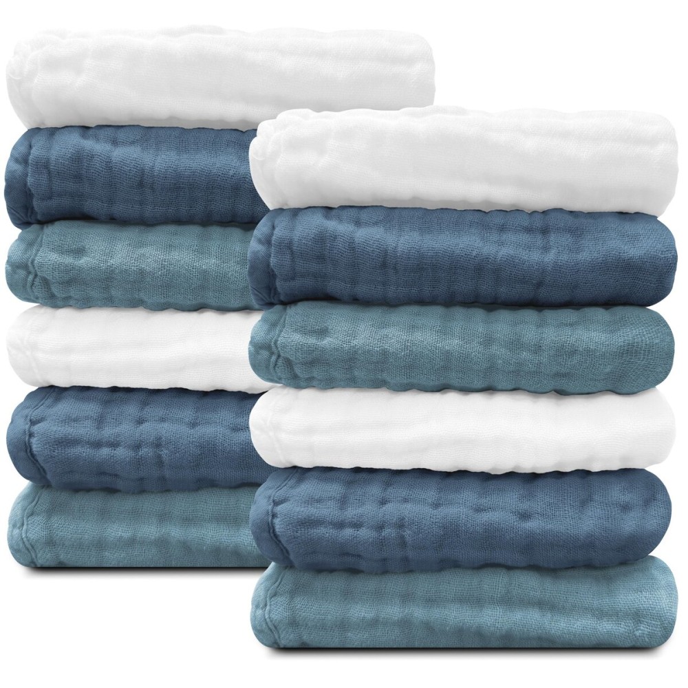 Sunny zzzZZ Baby Muslin Washcloths -100% Cotton Muslin Soft Baby Bath Wash Cloths and Absorbent Burp Cloths for Newborns Kids Girls and Boys -12 Pack, 12x12 Inches - White+Light Navy Series