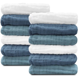 Sunny zzzZZ Baby Muslin Washcloths -100% Cotton Muslin Soft Baby Bath Wash Cloths and Absorbent Burp Cloths for Newborns Kids Girls and Boys -12 Pack, 12x12 Inches - White+Light Navy Series